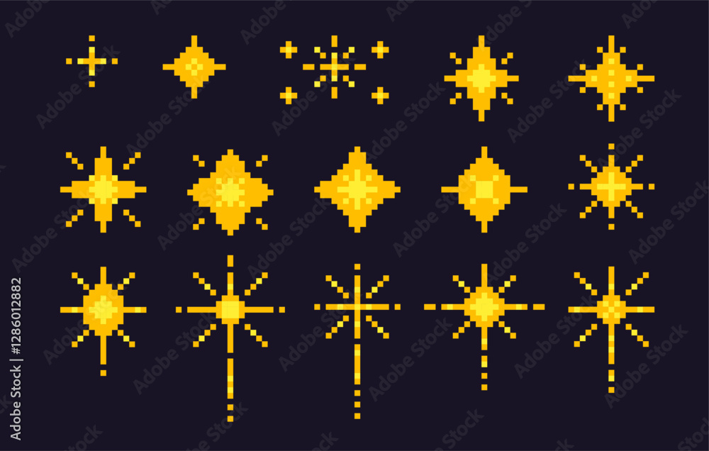 Pixel art stars. 8 bit sparkles set. Magic firework icons in retro 90s style. shine glitter Christmas decoration. Y2k snowflakes. Vintage party golden elements isolated on dark. Vector illustration. Pixel art stars. 8 bit sparkles set. Magic firework icons in retro 90s style. shine glitter Christmas decoration. Y2k snowflakes. Vintage party golden elements isolated on dark. Vector illustration.