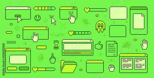 Pixel art retro windows interface. 8 bit text boxes with pointers cursors, arrow and sparkles. Rectangle frames in retro 90s pixel style. Digital message borders. Vector set illustration.