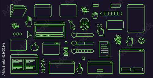 Pixel art retro windows interface. 8 bit text boxes with pointers cursors, arrow and sparkles. Green stroke console folder, digital document in retro 80s style. Vector set illustration.