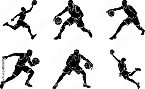 "Set of basketball player pose silhouette vector illustration, dynamic sports action collection for posters, t-shirts, logos, branding, and digital artwork.