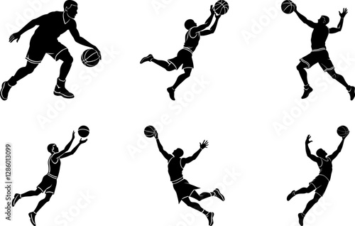 "Set of basketball player pose silhouette vector illustration, dynamic sports action collection for posters, t-shirts, logos, branding, and digital artwork.