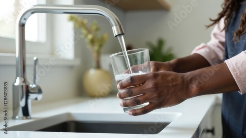 A person fills a glass with water from a modern chrome faucet in a bright kitchen. Concept of: Hydration and wellness.