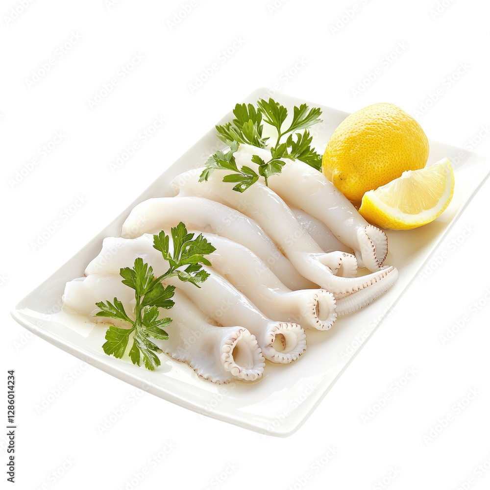 Fresh Squid on Platter with Lemon Slices and Green Herbs for Culinary Presentation Fresh Squid on Platter with Lemon Slices and Green Herbs for Culinary Presentation