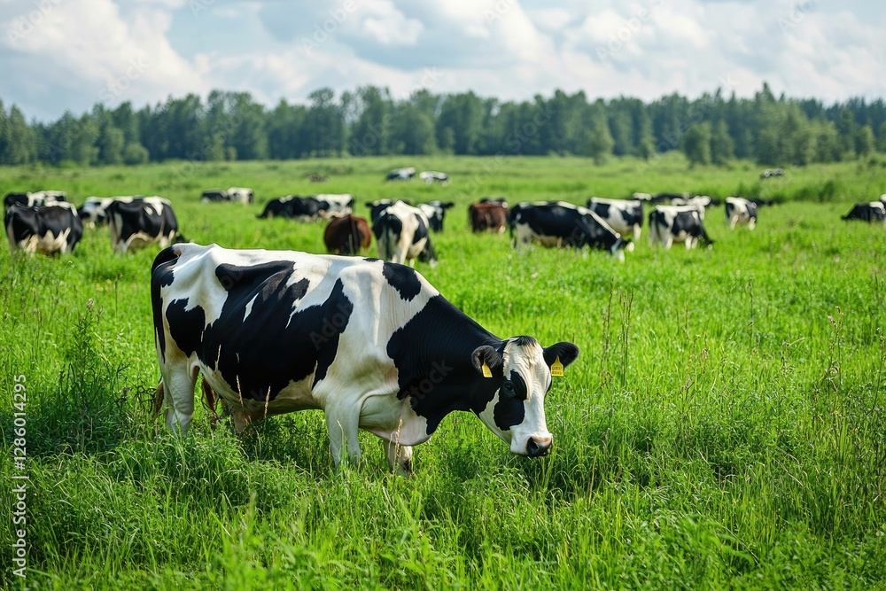 Detailed Color Picture of a Lot of Cows Are Grazing in the Meadow in a Spring Day Detailed Color Picture of a Lot of Cows Are Grazing in the Meadow in a Spring Day