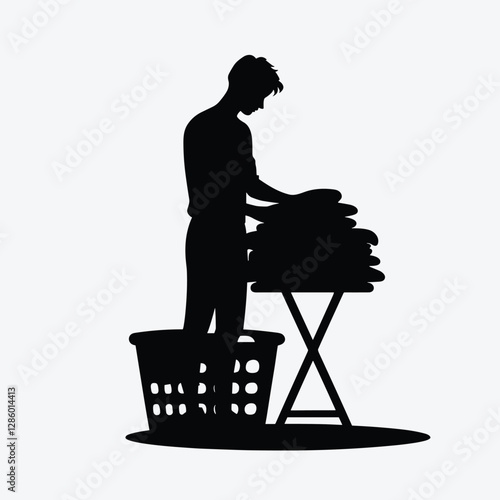 Silhouette of Man Ironing Clothes Household Chores Concept in Black and White Line Art Illustration