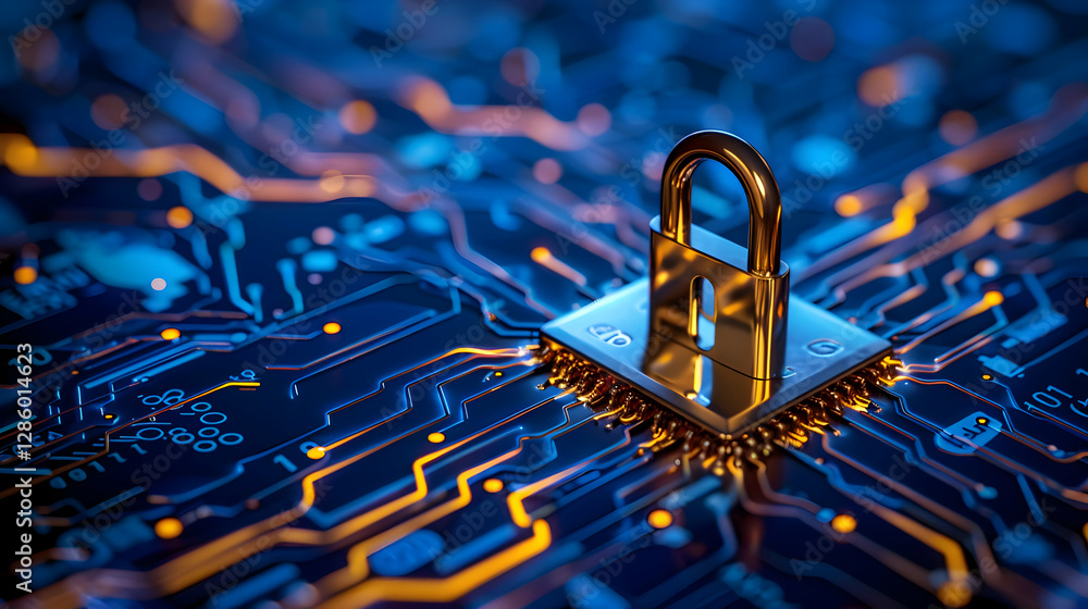 A close-up of a golden padlock on a circuit board, symbolizing cybersecurity and data protection A close-up of a golden padlock on a circuit board, symbolizing cybersecurity and data protection