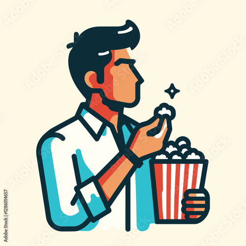 Cartoon Man with Popcorn in Hand, Wearing Shirt - Flat Illustration Style