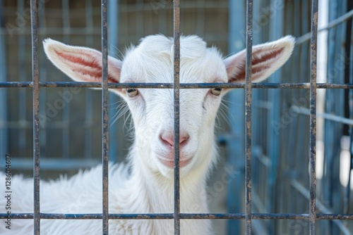 Ultra Quality Picture of White Little Goat Looking at the Camera Behind Bars photo