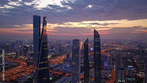 A drone video captures the sunset behind Riyadh's skyscrapers, showcasing the panoramic view of King Abdullah Financial District (KAFD) and its impressive towers