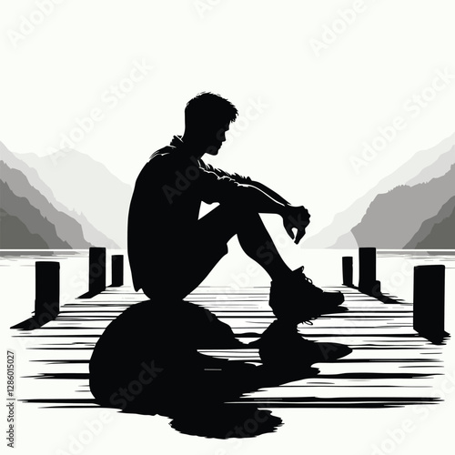 Silhouette of Man Sitting on Dock at Mountain Lake - Minimalist Illustration