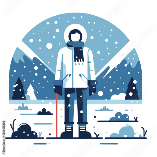 Winter Adventure in the Mountains Flat Illustration of a Hiker in Snowy Landscape