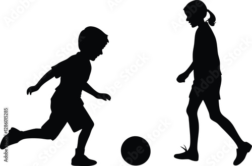 Kids playing football silhouette vector illustration, perfect for sports designs, youth football teams, t-shirts, posters, school projects, and athletic branding.

