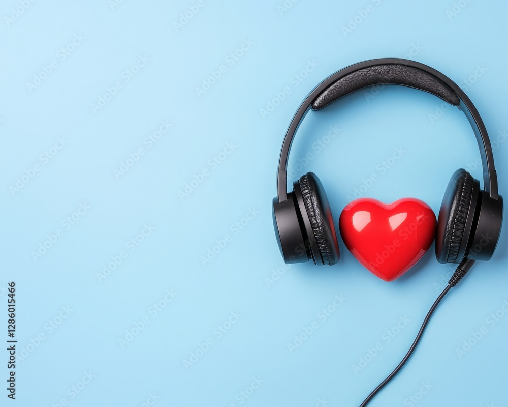 A pair of black headphones rests on a light blue background, with a red heart symbolizing love or passion for music. A pair of black headphones rests on a light blue background, with a red heart symbolizing love or passion for music.