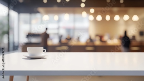 Sleek white table with even lighting and blurred trendy cafe background featuring customers and coffee cups
