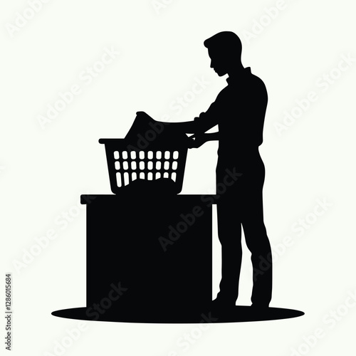 Silhouette of Man Doing Laundry with Basket Household Chore Icon in Black and White