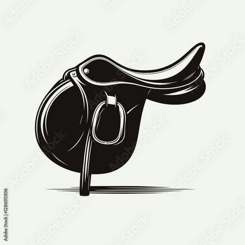 Elegant Equestrian Saddle in Vintage Black and White Line Art Illustration