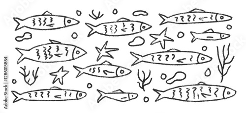 Fishes line doodle set. Sardines hand drawn scribble School of fish in the sea. Vector monochrome nautical illustration by pencil isolated on white background. Crayon or chalk naive underwater life.