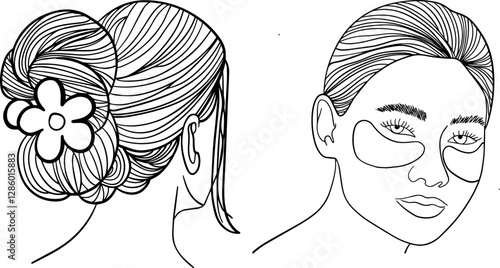 Sketch style beautiful woman with eye patches skincare cosmetic and hairstyle