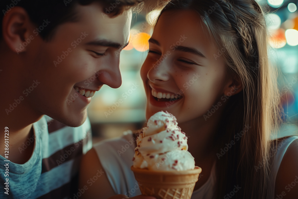 Young caucasian couple at indoors with a cornet ice cream Young caucasian couple at indoors with a cornet ice cream
