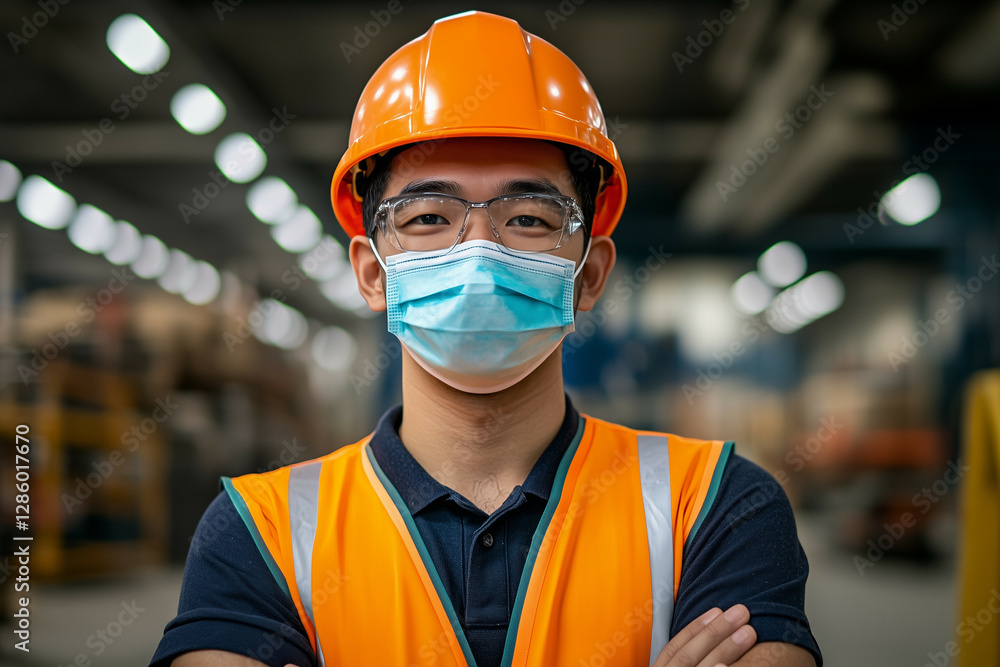 Minimalist image of a worker wearing a helmet and mask, standing in a safe workplace with soft lighting. Minimalist image of a worker wearing a helmet and mask, standing in a safe workplace with soft lighting.