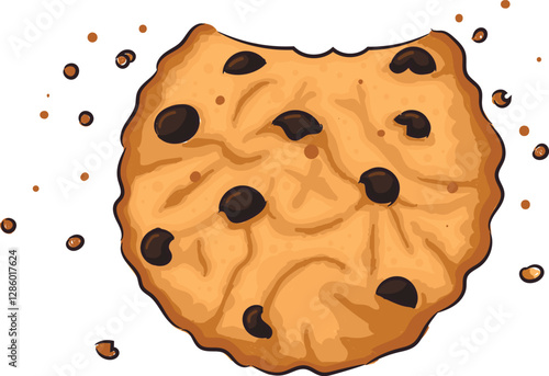 Hand drawn bitten cookie with chocolate drops and crumbs
