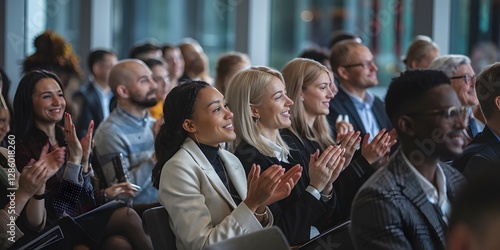 Diverse Business People Applauding at Conference Meeting Corporate Success Teamwork Collaboration Professional Audience Appreciative Attentive Engaged Motivated Inspired Successful Presentation       