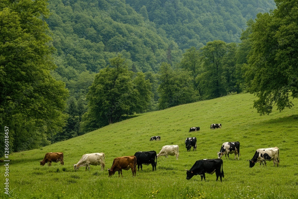Flawless Picture of Cows Grazing on the Grasscovered Hills Near the Forest Flawless Picture of Cows Grazing on the Grasscovered Hills Near the Forest