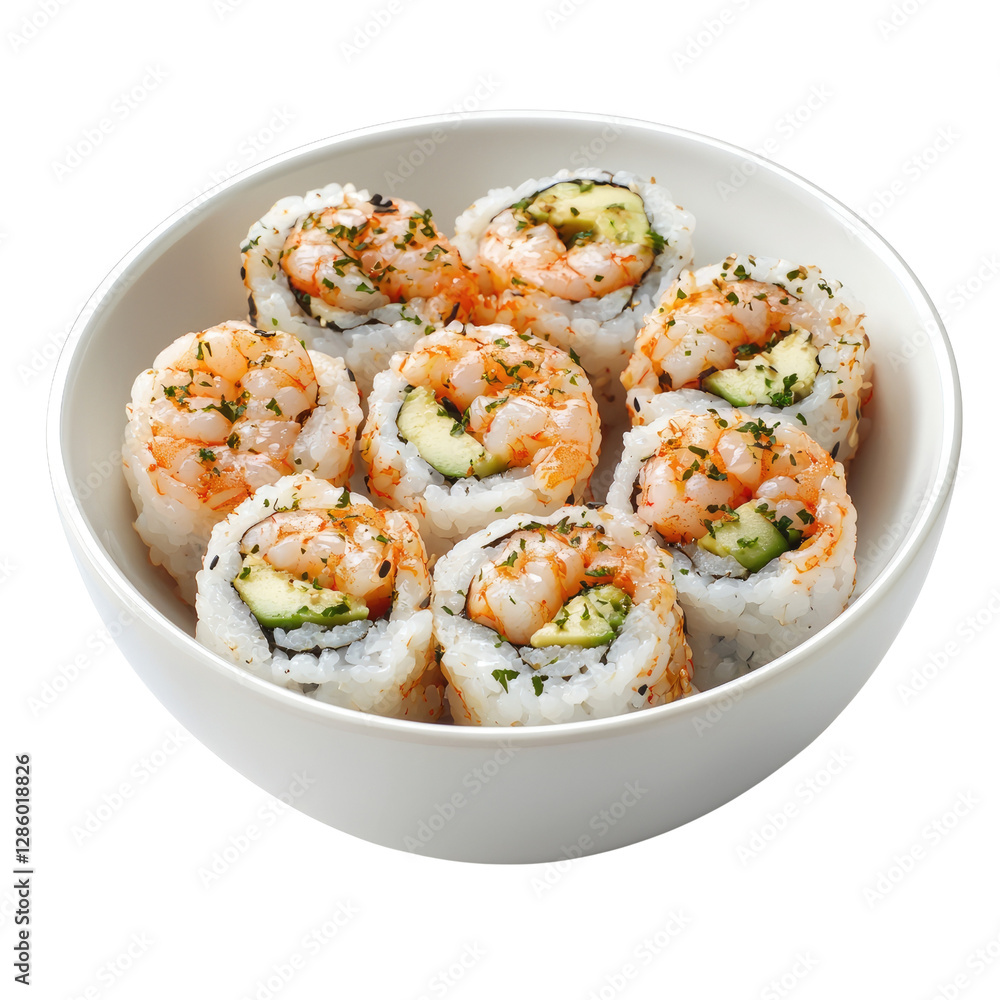 Fresh Shrimp Sushi Rolls with Cucumber in a White Bowl Arranged Neatly for a Delicious Presentation Fresh Shrimp Sushi Rolls with Cucumber in a White Bowl Arranged Neatly for a Delicious Presentation