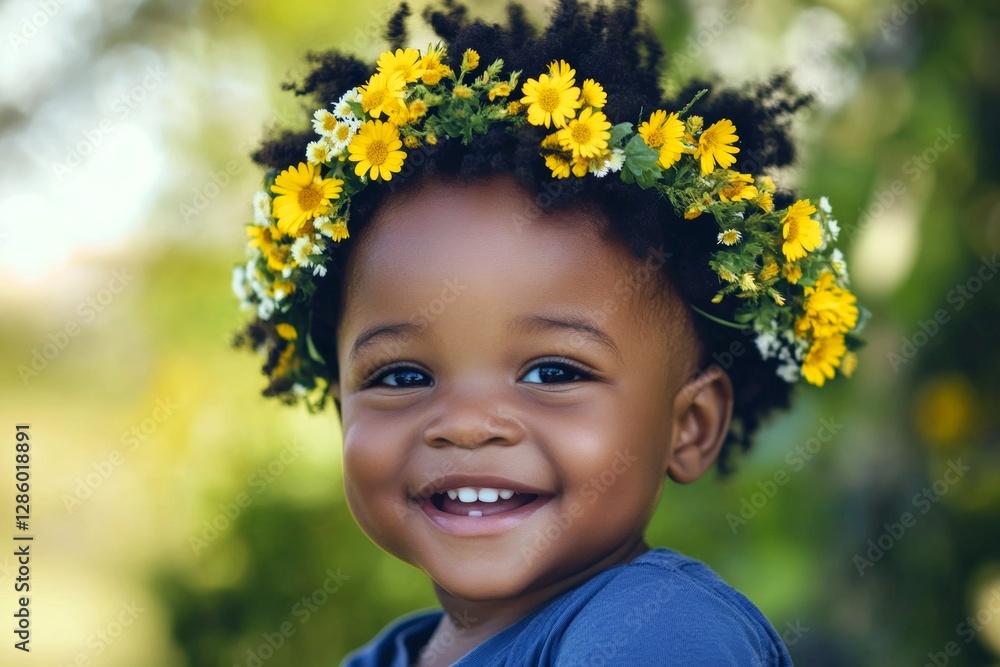 Sunny daylight. Smiling black infant boy with tt hair wearing yellow flower crown on his head. Happy warm season holidays visual idea pattern. Boy surrounded by flowers. Summer joy for kids. Sunny daylight. Smiling black infant boy with tt hair wearing yellow flower crown on his head. Happy warm season holidays visual idea pattern. Boy surrounded by flowers. Summer joy for kids.