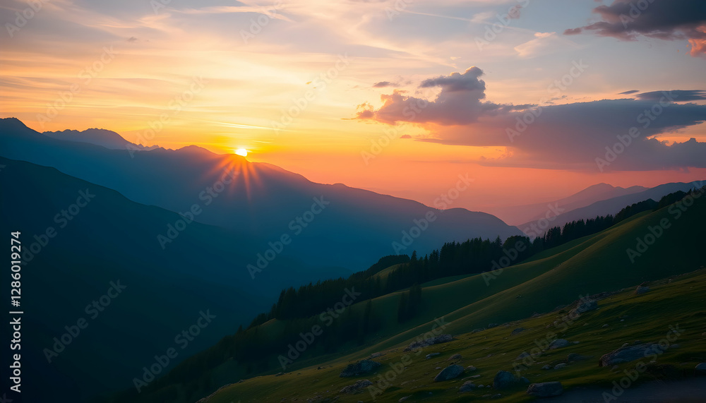 Obraz premium Majestic Mountain Sunset Breathtaking Landscape Panorama Nature Scenery View