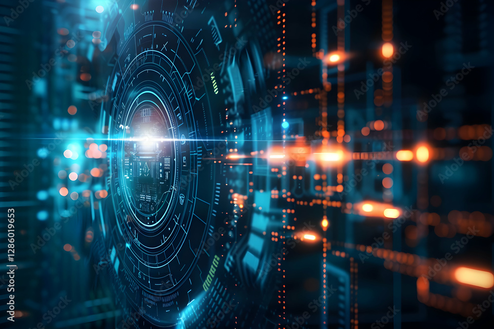 Obraz premium Futuristic digital interface with glowing circles and data streams in a cybernetic environment