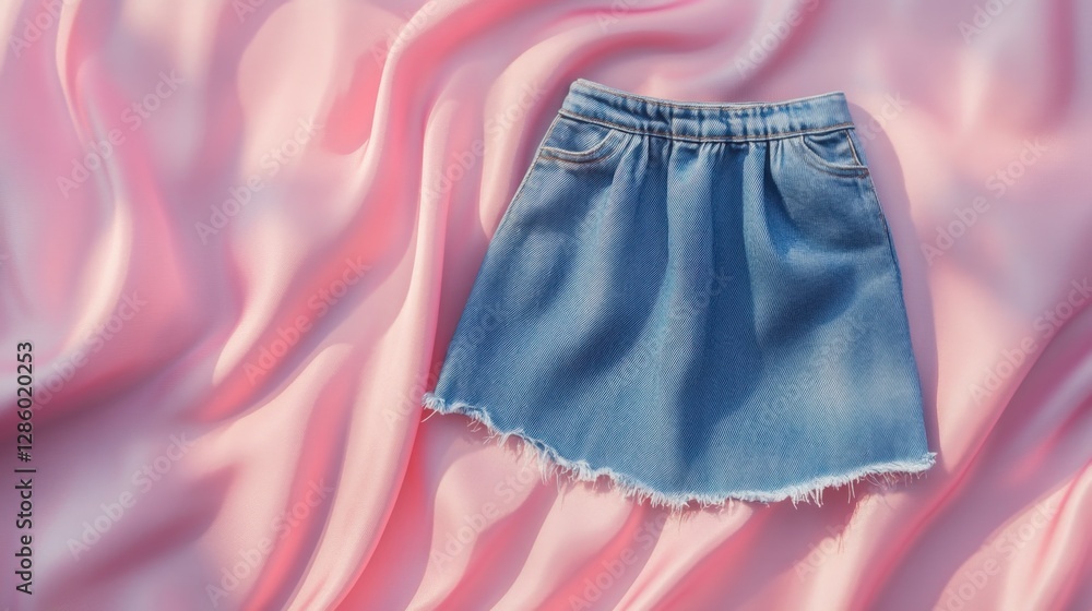 Short denim skirt with frayed edges placed on a blush pink fabric setting Short denim skirt with frayed edges placed on a blush pink fabric setting