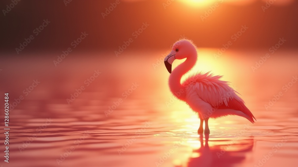 Fototapeta premium Baby flamingo, A baby flamingo stands in shallow pink water at sunset viewed from the front with warm sunlight.