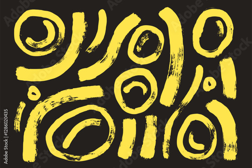 Brush stroke squiggle and circles chalk lines. Vector hand drawn wave round white paint shapes bg. Abstract curve irregular graphic. Folk scribble paintbrush wobbly wavy grunge illustration.