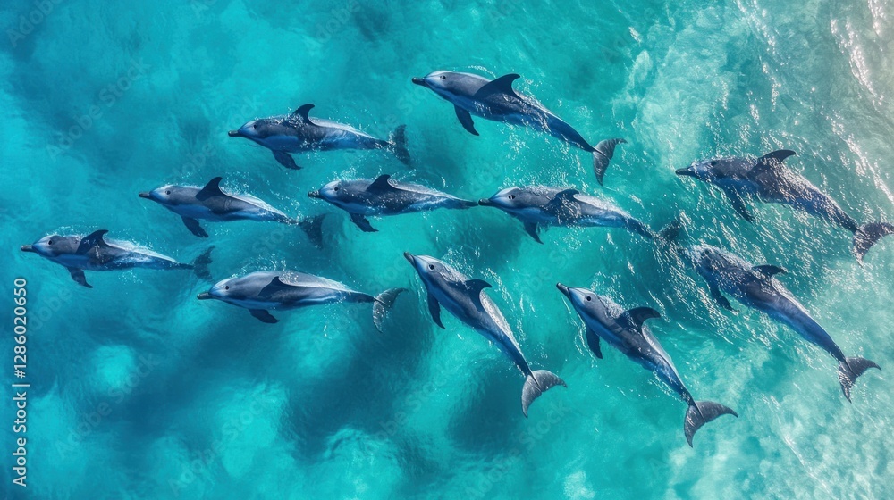 Fototapeta premium Aerial view of dolphins swimming in turquoise ocean (1)