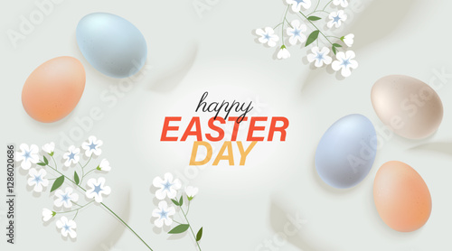 Easter banner with colorful Easter eggs and spring flowers on the table. Vector background for Easter day.