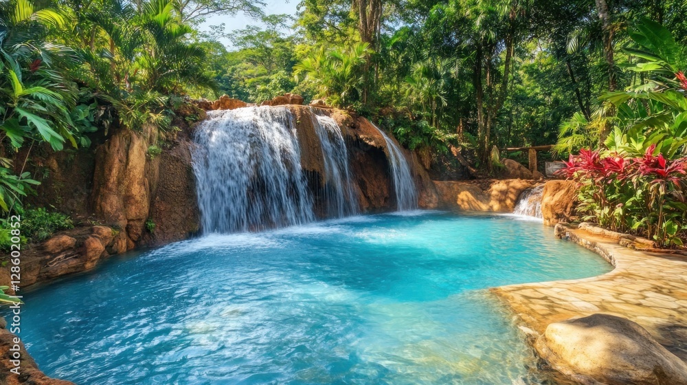 Fototapeta premium Serene Waterfall Oasis: Tropical Paradise Retreat