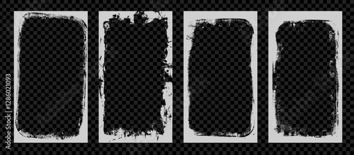 Photo grunge frames stories set template. Ink paint edges punk border for social media poster. Retro textured overlays. Rectangular old white backgrounds. Vector design illustration.