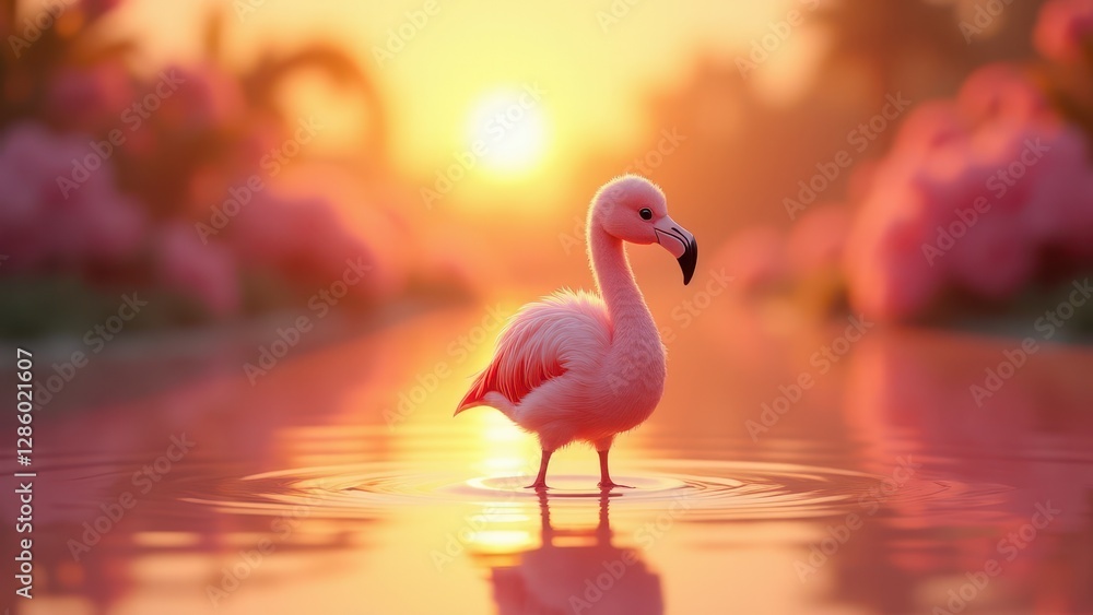 Fototapeta premium Baby Flamingo, A baby flamingo stands in shallow pink water under a sunrise viewed from the front. Hyper-realistic textures gleam in so