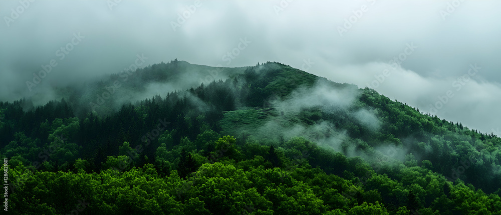 Obraz premium Green mountain landscape shrouded in clouds on an overcast day - 