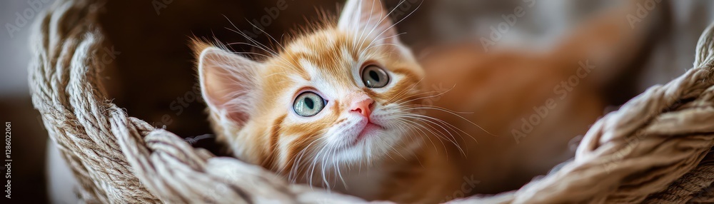 Cute ginger kitten with green eyes resting in a cozy wicker basket, looking curious and playful. Cute ginger kitten with green eyes resting in a cozy wicker basket, looking curious and playful.