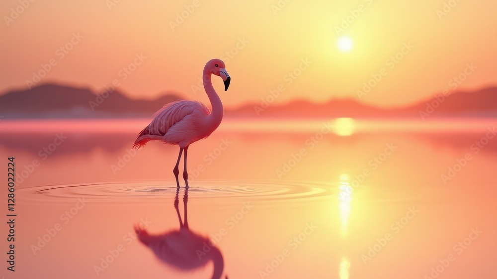 Fototapeta premium Baby flamingo, A baby flamingo stands in shallow pink water under a warm sunset viewed from the front glowing with golden light.