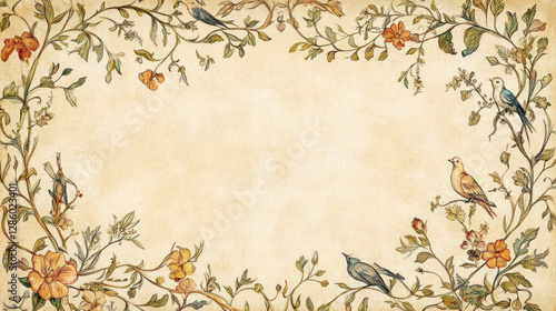 An ornate illuminated manuscript-style border birds intricate medieval botanical floral vines parchment background cottagecore rich colors, delicate fairy-tale motifs elegant calligraphy copy space