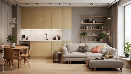 Modern Open-Plan Studio Apartment Interior Design with Cozy Living Room and Minimalist Kitchen in Warm Neutral Tones