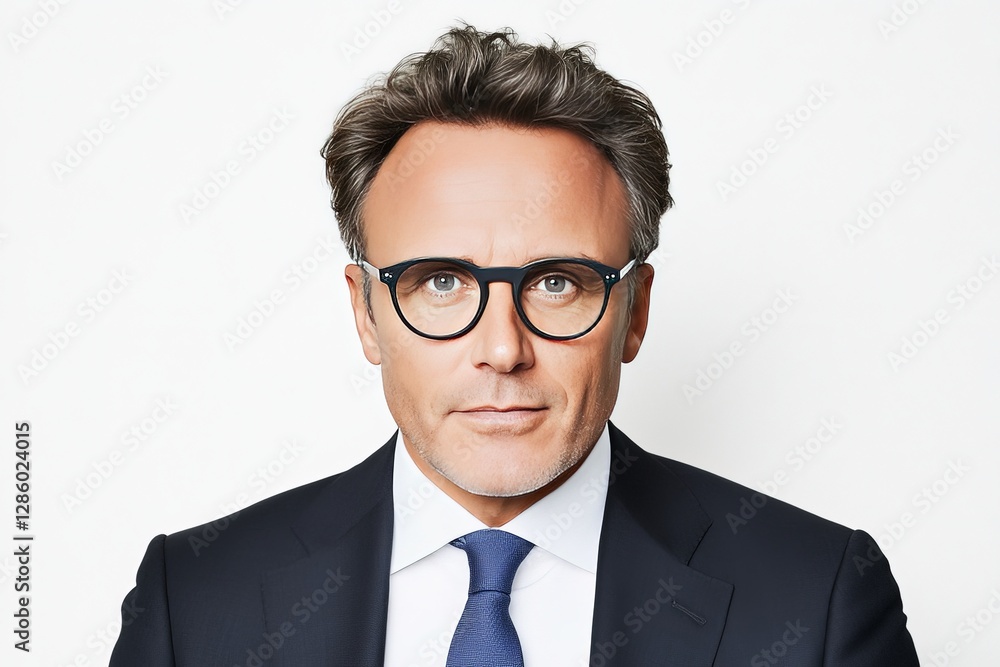 Serious confident businessman wearing stylish eyeglasses and dark formal suit looking directly at camera against light background for corporate branding and leadership concept Serious confident businessman wearing stylish eyeglasses and dark formal suit looking directly at camera against light background for corporate branding and leadership concept