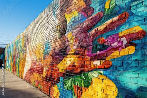 urban art mural depicting hope and resilience vibrant colors against industrial brick wall morning light casting dramatic shadows