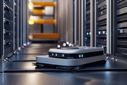Automated robotic device navigating through high-tech server storage facility in the heart of a bustling data center. Generative AI