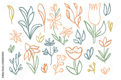 Flowers and leaves crayon drawn set. Spring tulip, daisy, chamomile and marguerite plants line doodle. Chalk or pastel style childish shape. Vector pencil illustration isolated on white background.