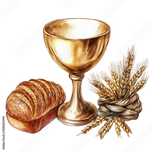 A minimalist yet elegant illustration of a Eucharistic chalice with a smooth golden surface, accompanied by a rustic loaf of bread and a detailed bundle of wheat, transparent background, PNG