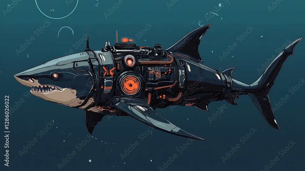Fototapeta premium Cybernetic Shark: Underwater Machine, A Fusion Of Nature And Technology, Poised In The Deep Blue.